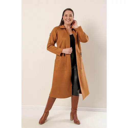 By Saygı Plus Size Suede Coat Green with Stripes on the Shoulders, Zippered Front with Pockets.