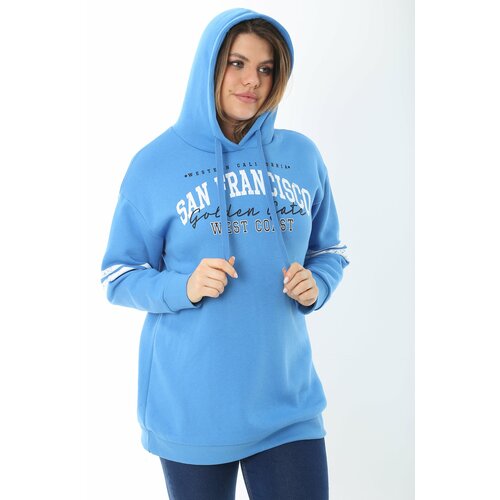 Şans Women's Plus Size Blue Inner Raising Three Thread Hooded Sweatshirt Slike