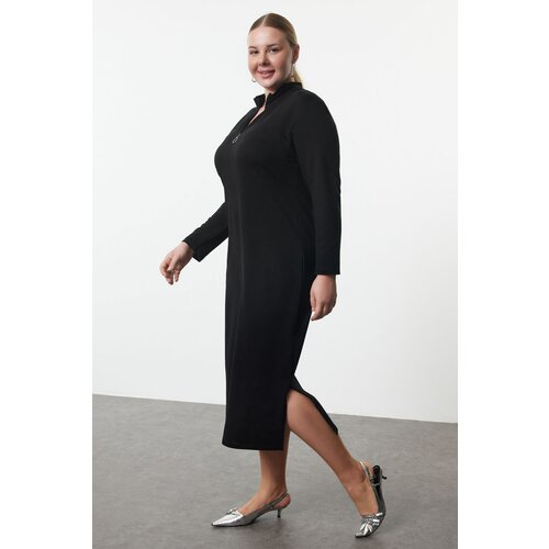 Trendyol Curve Black Maxi Length Zipper Collar Knitted Sweatshirt Dress Slike