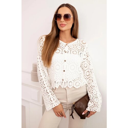 Kesi Włoski Women&amp;#039;s summer openwork sweater with buttons and long sleeves ecru Slike