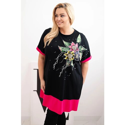 Kesi Włoski Fuchsia Plus Size women&amp;#039;s tunic with floral pattern and decorative pearls Slike