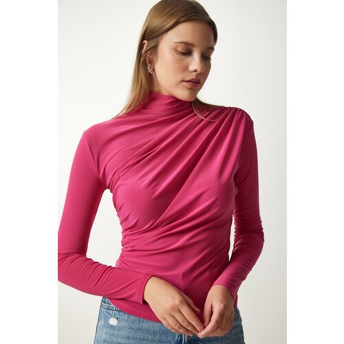  Women's Pink Gathered Detailed High Neck Sandy Blouse Cene
