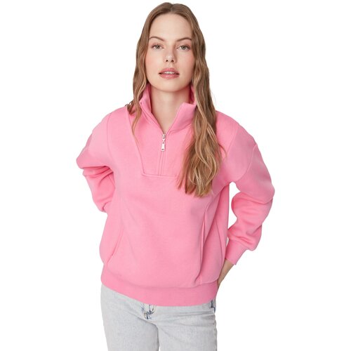 Trendyol Pink Zipper Detailed Stand Collar Basic Thick Fleece Knitted Sweatshirt Slike