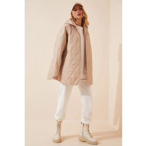 Happiness İstanbul Women's Cream Hooded Quilted Oversize Coat