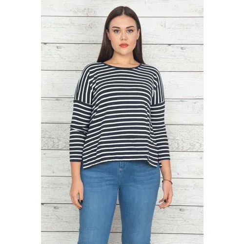 Şans Women's Plus Size Navy Blue Striped Detailed Blouse