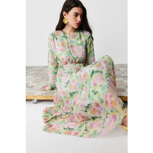 Trendyol Light Green Floral Sash Detailed Lined Chiffon Woven Dress