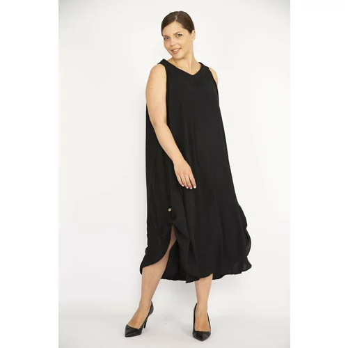 Şans Women's Black Plus Size Aerobin Fabric Skirt With Epaulettes, Sleeveless Long Dress