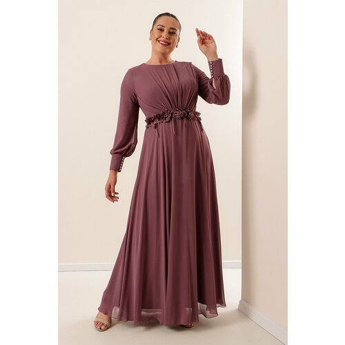 By Saygı Lined Long Chiffon Dress with Floral Detail Wide Sizes Dark Indigo. Cene