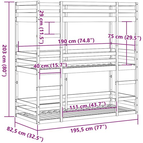  Trostruki krevet na kat bijeli 75x190 cm od masivne borovine Slike