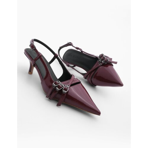Marjin Women's Stiletto Pointed Toe Scarf Thin Heel Three-Stripes Heeled Shoes Lefar Burgundy Patent Leather Slike