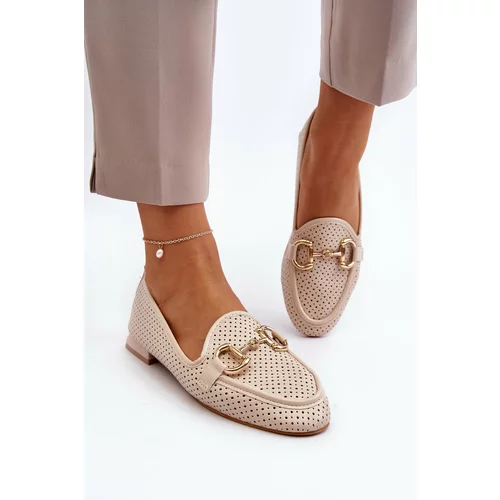 Kesi Women's flat-heeled loafers with embellishment, beige Iluvana