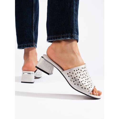 Shelvt Openwork silver flip-flops on a low heel Cene