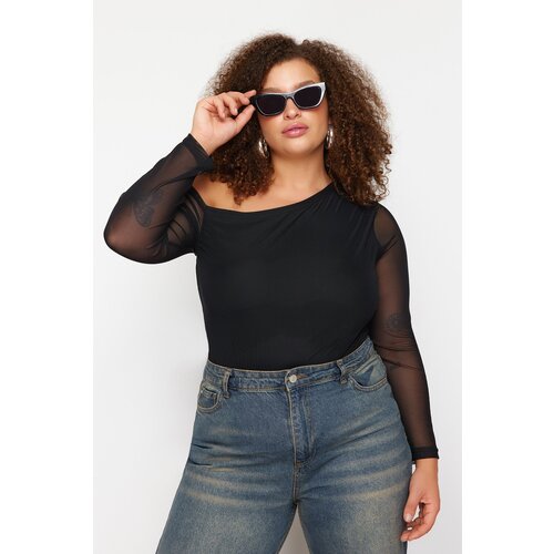 Trendyol Curve Black Tulle Lined Asymmetric Collar Knitted Plus Size Blouse Slike