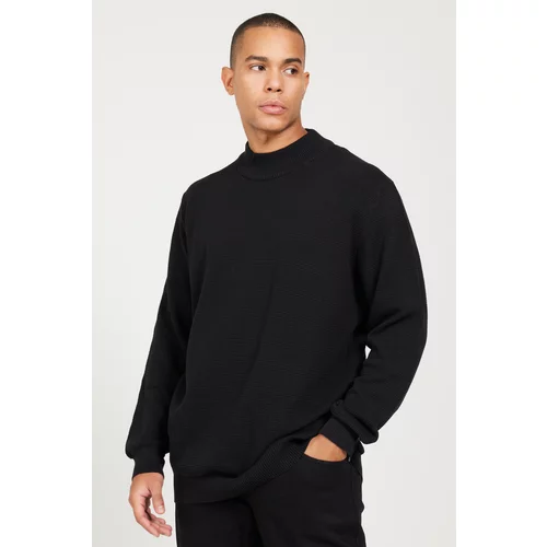 AC&Co / Altınyıldız Classics Men's Black Recycle Standard Fit Regular Cut Half Turtleneck Cotton Jacquard Knitwear Sweater.