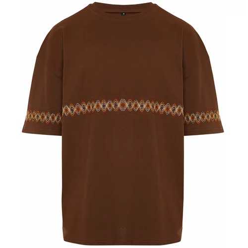 Trendyol Men's Brown Oversize/Wide-Fit Embroidered 100% Cotton T-Shirt