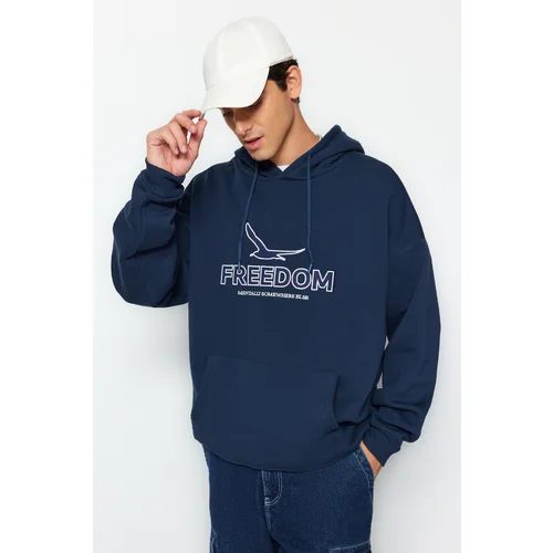 Trendyol Indigo Men's Oversize Hooded Sweatshirt with Fishnet Embroidery and a Soft Pillowcase.