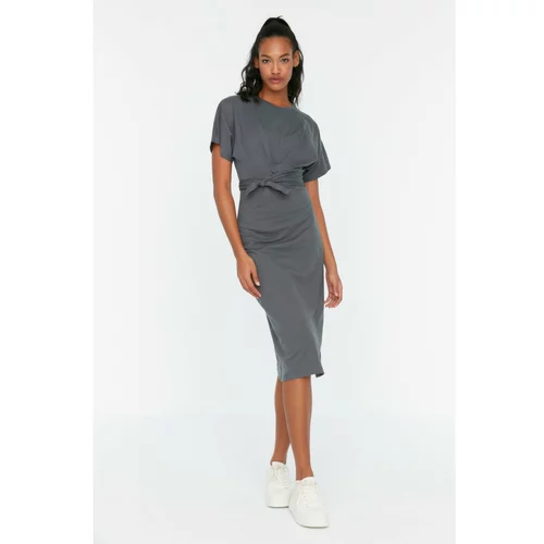 Trendyol Anthracite Tie Detailed Knitted Dress