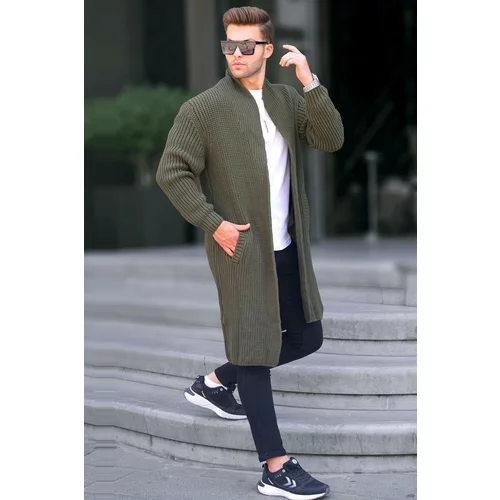 Madmext Khaki Standing Collar Long Knitwear Cardigan with Pocket 6816