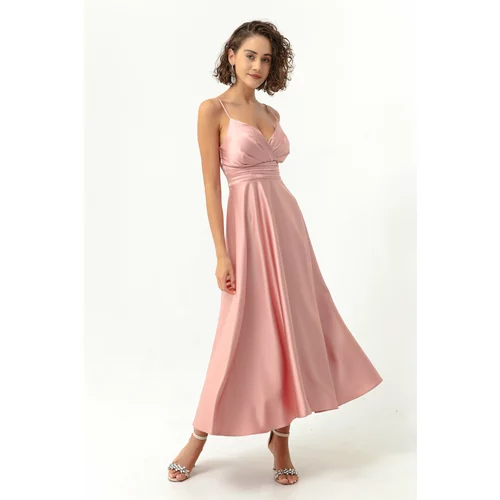 Lafaba Women's Pink Satin Midi Evening Dress with Rope Straps and Waist Belt & Prom Dress
