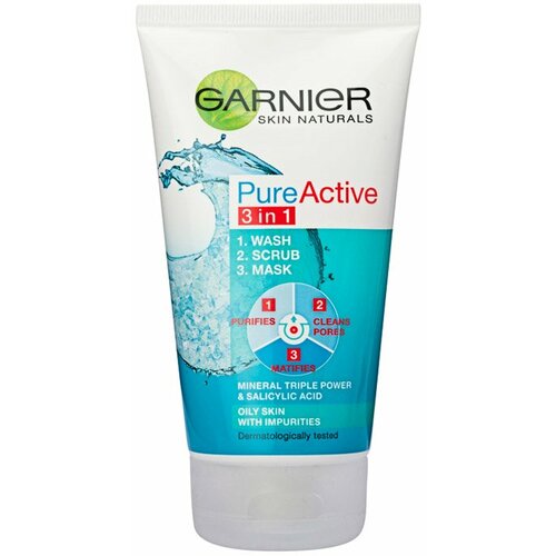 Garnier Gel za čišćenje lica + piling + maska Skin Naturals Pure Active 3u1 150 ml Slike