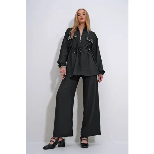 Trend Alaçatı Stili Women's Black Stand Collar Zippered Stone Embroidered Belted Jacket & Palazzo Trousers Set