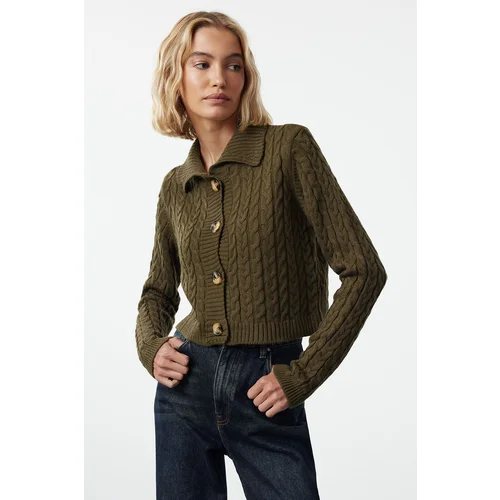 Trendyol Khaki Crop Polo Neck Knitwear Cardigan