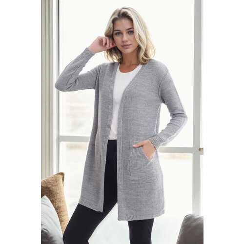 Dewberry 99224 Kangaroo Pocket Knitwear Cardigan-LIGHT GREY Slike