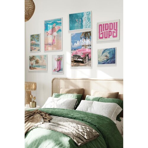 Wallxpert set od 8 uramljenih slika &Ccedil;gs-010, tropski roze motivi &ndash; kabriolet, palme, surfer, kaubojske čizme i natpis giddy up, beli ram Cene