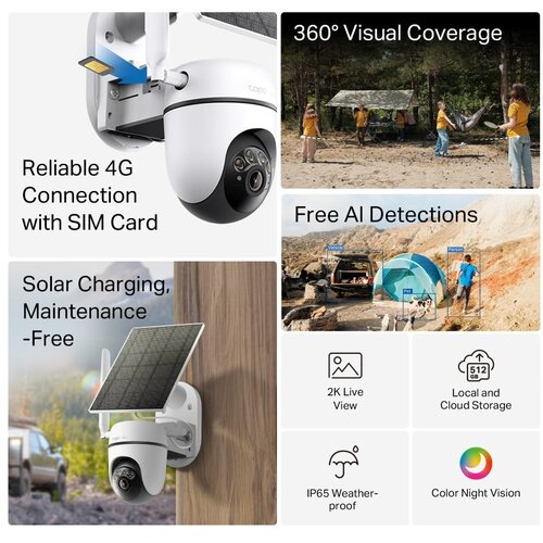 Tp-link Tapo C615G kamera + Tapo A201 Solar panel 2K 3MP, 4G LTE, Color Night Vision, microSD, 2&times;Spotlights, dvosmjerni audio, detekcija pokreta, vodootporna IP65, Wi-Fi, Tapo app Cijene