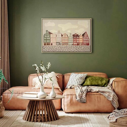  Slika - Salt Square - Colorful Illustrated Townhouses Against a Cloudy Sky Background 120x80 U prirodnom drvenom okviru Slike