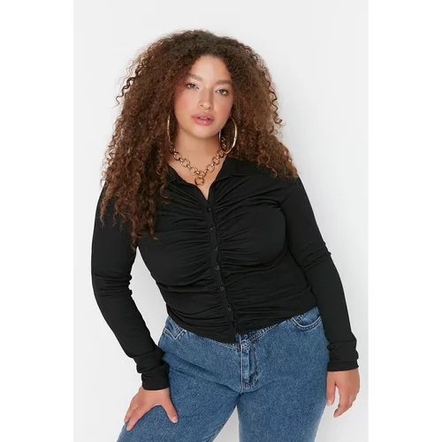Trendyol Curve Black Shirt Collar Ruffle Detailed Buttoned Knitted Blouse