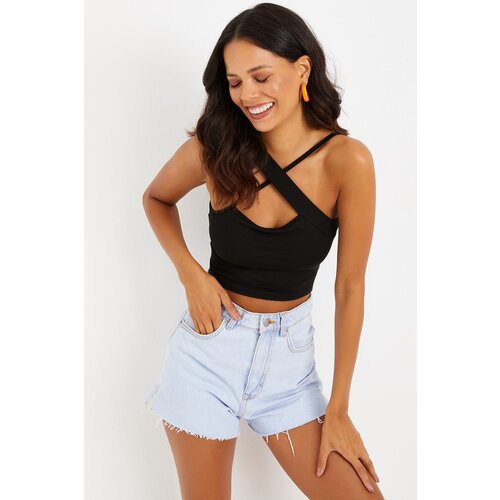 Cool &amp;amp; Sexy Women&amp;#039;s Black Cross Strap Viscose Crop Blouse B1601 Slike