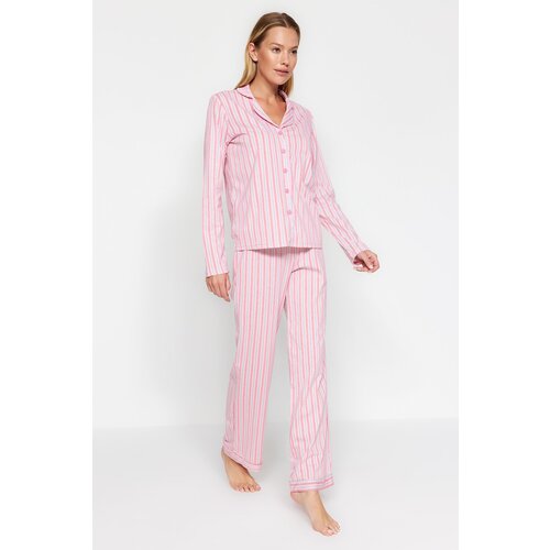 Trendyol Pink 100% Cotton Striped Knitted Shirt-Pants Pajamas Set Slike