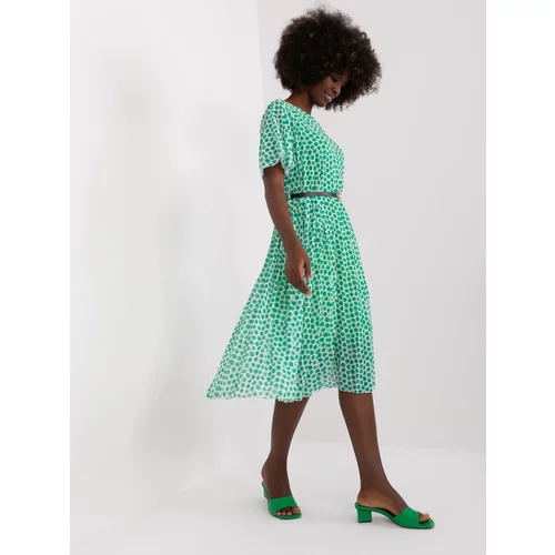 Fashion Hunters Green-and-white midi dress with print and belt