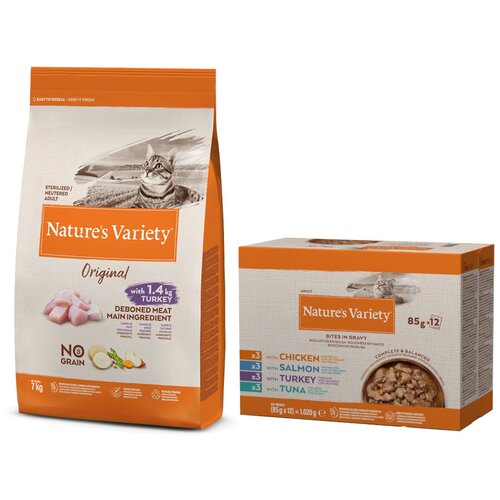 Nature's Variety 7kg Nature's Variety + 12x 85g Bites u umaku Mix po sniženoj cijeni! - Original No Grain Sterilised puretina + 12 x 85 g Mješovito pakiranje (4 vrste) Cijene