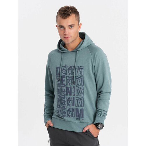 Ombre Men's non-stretch kangaroo sweatshirt with hood and print - turquoise Cene