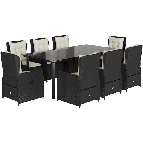  9-dijelni vrtni blagovaonski set s jastucima crni od poliratana Crna 200 x 100 x 74 cm Slike
