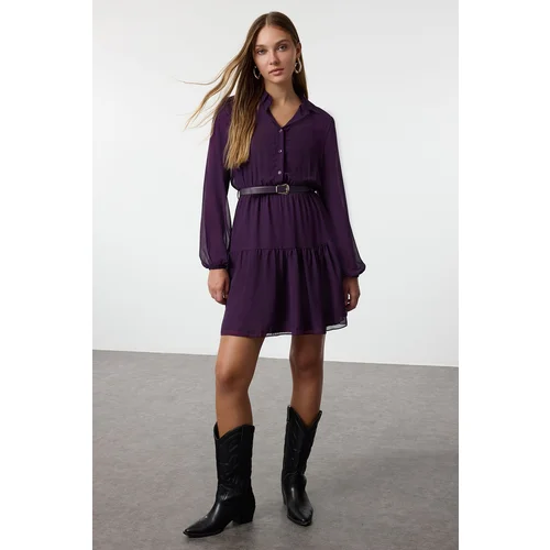 Trendyol Purple Belted Skirt Opening at Waist Lined Chiffon Woven Winter Dress