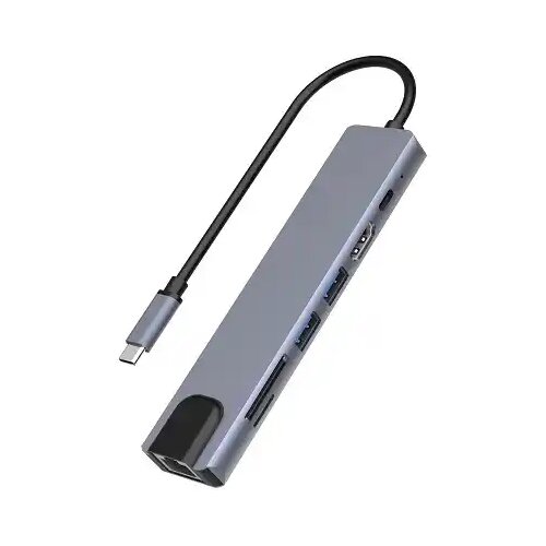 Kettz Adapter-Konverter TIP C 7/1 USB 3.0x2/Ethernet RJ45 /HDMI 4K 30HZ/PD/SD/TF sivi Slike