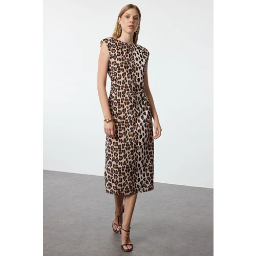 Trendyol Brown Leopard Patterned Straight Cut Padded Woven Dress