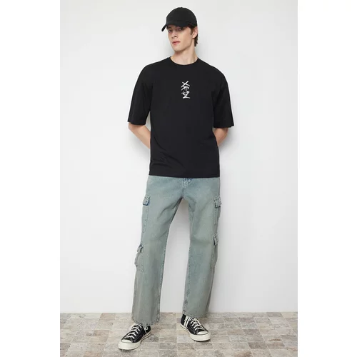 Trendyol Men's Black Oversize Short Sleeve Oriental Embroidered/Printed Back T-shirt