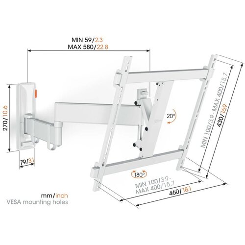 Vogels TVM 3445 W TV-Wandhalterung 32-65&amp;quot;, turn 180&amp;deg;, Vesa 400x400, max. 25 kg Slike