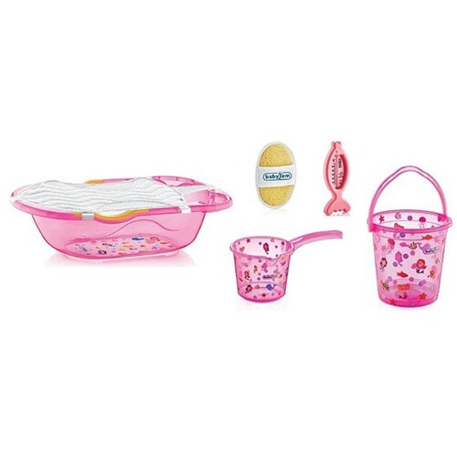 Babyjem set za kupanje 6 delova pink (kadica, podloga,termometar, sundjer, bokal, kofica) Slike