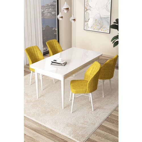 Hanah home Arp - White, Mustard WhiteMustard Dining Table & Chairs Set (5 Pieces) Cene