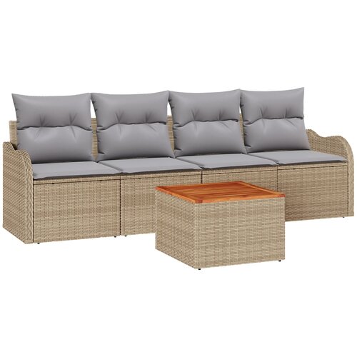vidaXL Set vrtnih sofa od 5 dijelova s jastučićima od bež poli ratana, akacije, Dvosjedna vrtna sofa s jastučićima od bež poli ratana Cijene