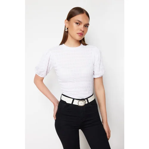 Trendyol White Premium Textured Crop Stand Collar Flexible Balloon Sleeve Knitted Blouse