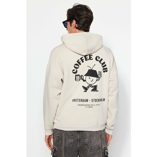 Trendyol Stone Men's Oversize/Wide-Cut Hoodie with Fluffy Print Detailed Fleece Inner Cotton Sweatshirt. Slike