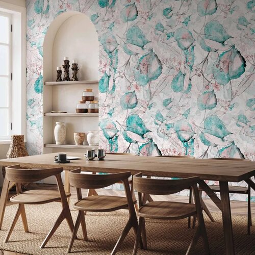  Foto tapeta - Autumn souvenirs - floral pattern with turquoise leaves 392x280 Slike