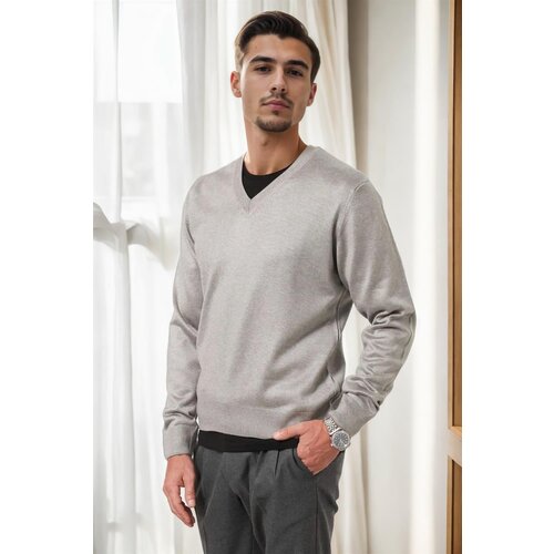 Dewberry 38804 Mens V Neck Knit Sweater-LIGHT GREY Slike