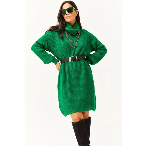 Olalook Women's Grass Green Turtleneck Soft Textured Knitwear Tunic Dress